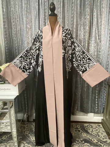 Elegant Black & Blush Contrast Abaya with White Baroque Embroidery
